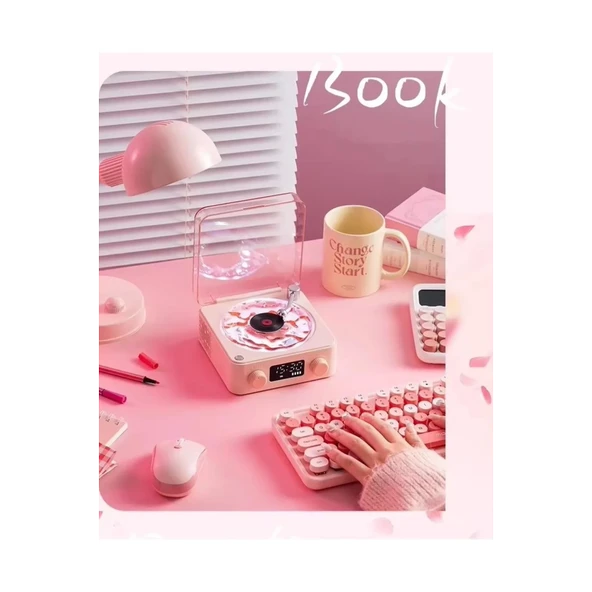 Waves Nostalji Plak Görünümlü Bluetooth Hoparlör 3d Ses Dalgası Retro Müzik Plak Pembe - 5