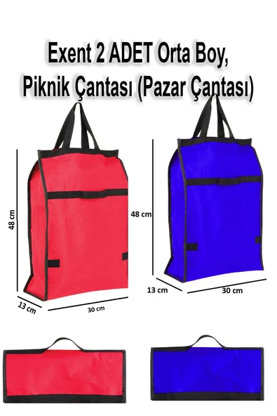 Exent 2 Adet Orta Boy Piknik Çantası, Plaj Çantası, Pazar Çantası, Market Çantası-Kırmızı ve Mavi - 3
