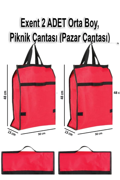 Exent 2 Adet Orta Boy Piknik Çantası, Plaj Çantası, Pazar Çantası, Market Çantası-Kırmızı - 3