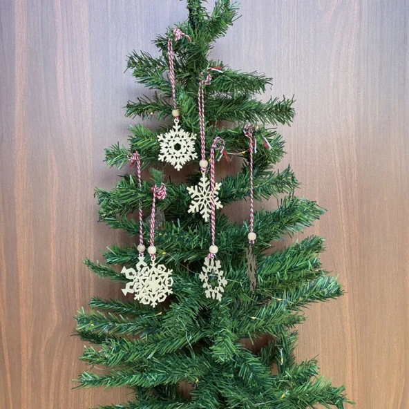 BUFFER® Pilli Peri Ledli 6 Parça Kırmızı Beyaz İpli Kar Tanesi Model Ahşap Yılbaşı Ağaç Süsü ürün görseli