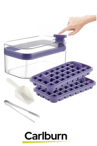 Yeni Nesil Düğmeli Basmalı Çift 32 Yuvalı Buz Küpü Kalıbı Saklama Kutulu - 2