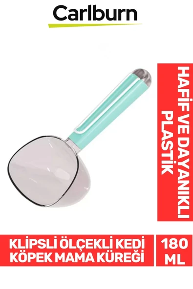 Özel Üretim Dayanıklı Şeffaf Başlıklı 180ml Kapasiteli Klipsli Ölçekli Kedi Köpek Mama Küreği