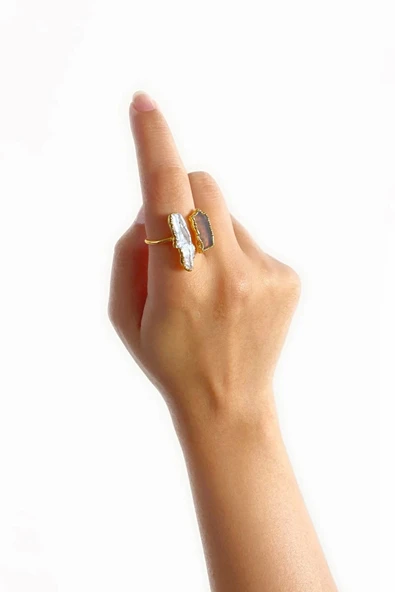 Sova Altın Pirinç Kaplama Özel Tasarım Hafif Doğal Taş Ayarlanabilir Şık Kararmaz Kadın Yüzük - 3