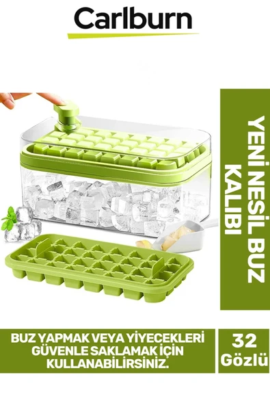 Yeni Nesil Düğmeli Basmalı Çift 32 Yuvalı Buz Küpü Kalıbı Saklama Kutulu