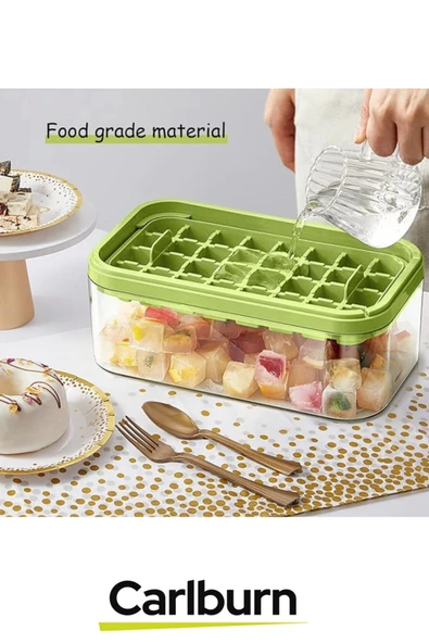 Yeni Nesil Düğmeli Basmalı Çift 32 Yuvalı Buz Küpü Kalıbı Saklama Kutulu - 4