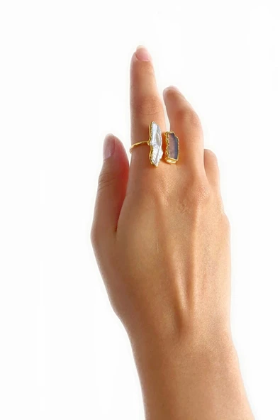 Sova Altın Pirinç Kaplama Özel Tasarım Hafif Doğal Taş Ayarlanabilir Şık Kararmaz Kadın Yüzük - 4