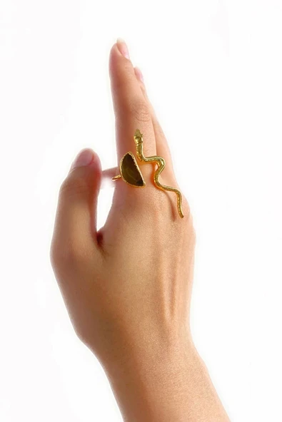 Vendi Altın Pirinç Kaplama Özel Tasarım Hafif Doğal Taş Ayarlanabilir Şık Kararmaz Kadın Yüzük - 3