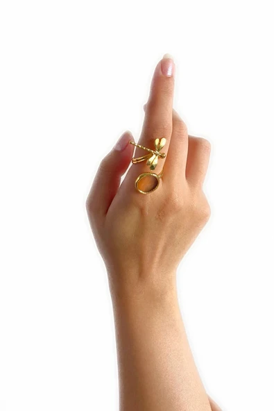 Mosta Altın Pirinç Kaplama Özel Tasarım Hafif Doğal Taş Ayarlanabilir Şık Kararmaz Kadın Yüzük - 5