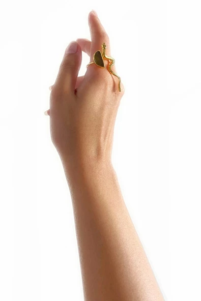 Vendi Altın Pirinç Kaplama Özel Tasarım Hafif Doğal Taş Ayarlanabilir Şık Kararmaz Kadın Yüzük - 4