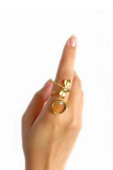 Mosta Altın Pirinç Kaplama Özel Tasarım Hafif Doğal Taş Ayarlanabilir Şık Kararmaz Kadın Yüzük - 3