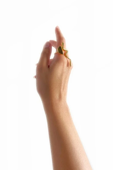 Rases Altın Pirinç Kaplama Özel Tasarım Hafif Doğal Taş Ayarlanabilir Şık Kararmaz Kadın Yüzük - 3