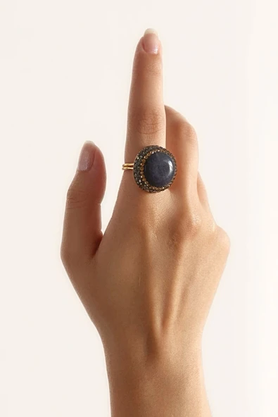 Mead Özel Tasarım Hafif Kararmaz Doğal Taş Detaylı Ayarlanabilir Altın Pirinç Kaplama Kadın Yüzük - 2