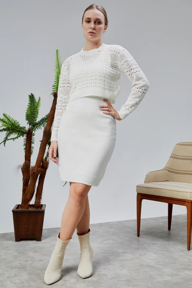 Kadın Triko Takım Delikli Kazak ve Askılı Elbise Standart Beden Ekru - 4