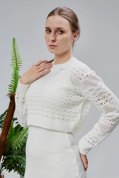 Kadın Triko Takım Delikli Kazak ve Askılı Elbise Standart Beden Ekru - 12