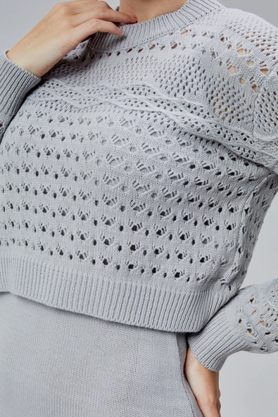 Kadın Triko Takım Delikli Kazak ve Askılı Elbise Standart Beden Gri - 9