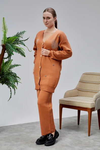 Kadın Triko Takım Taşlı Standart Beden Tarçın - 2