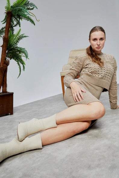 Kadın Triko Takım Delikli Kazak ve Askılı Elbise Standart Beden Vizon - 13