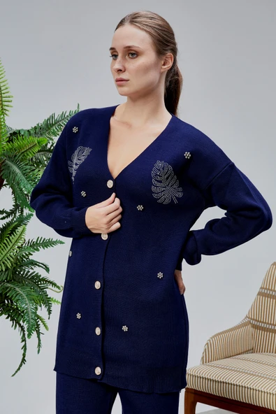 Kadın Triko Takım Taşlı Standart Beden Lacivert - Resim 3