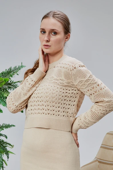 Kadın Triko Takım Delikli Kazak ve Askılı Elbise Standart Beden Ten Rengi - 4