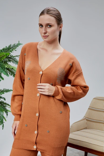 Kadın Triko Takım Taşlı Standart Beden Tarçın - 4