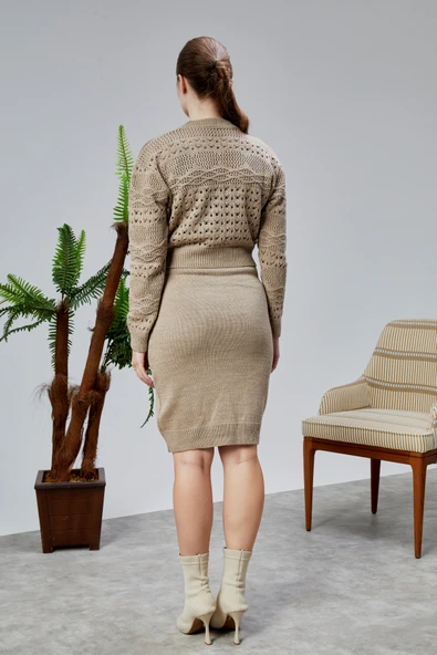 Kadın Triko Takım Delikli Kazak ve Askılı Elbise Standart Beden Vizon - 4