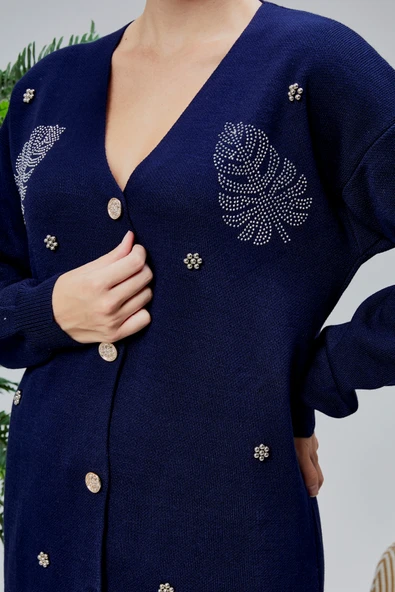 Kadın Triko Takım Taşlı Standart Beden Lacivert - Resim 5