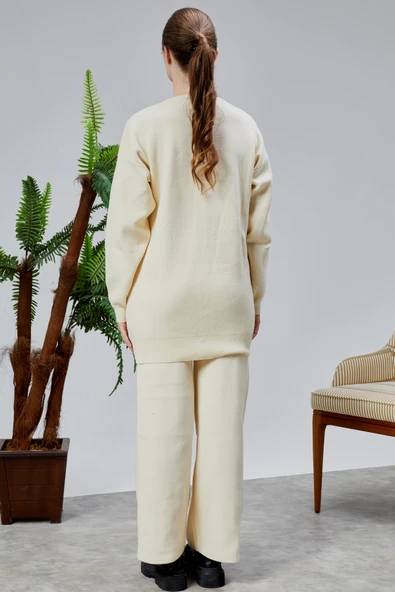 Kadın Triko Takım Taşlı Standart Beden Ekru - Resim 3