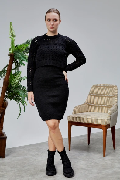 Kadın Triko Takım Delikli Kazak ve Askılı Elbise Standart Beden Siyah - 2