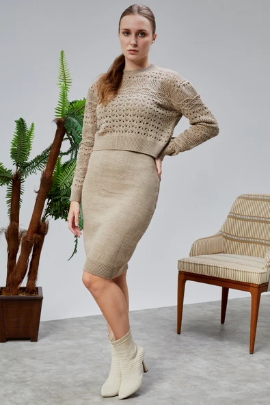 Kadın Triko Takım Delikli Kazak ve Askılı Elbise Standart Beden Vizon - 10