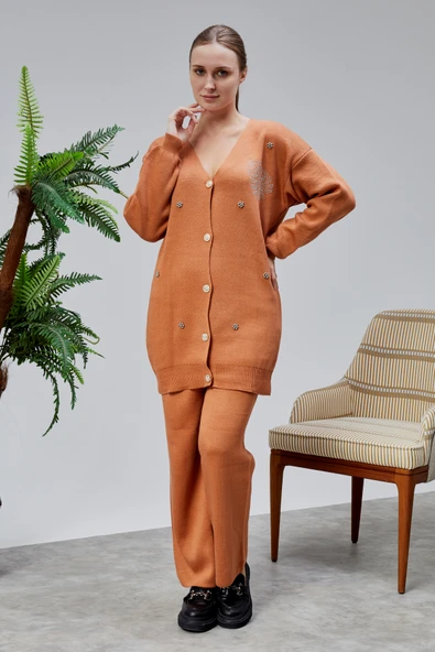 Kadın Triko Takım Taşlı Standart Beden Tarçın - 7