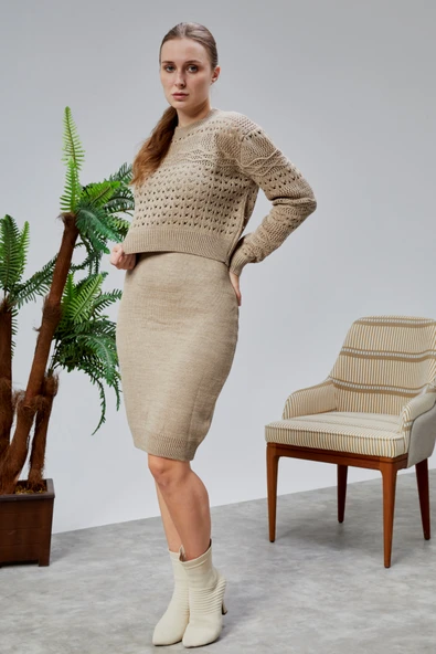 Kadın Triko Takım Delikli Kazak ve Askılı Elbise Standart Beden Vizon - 2