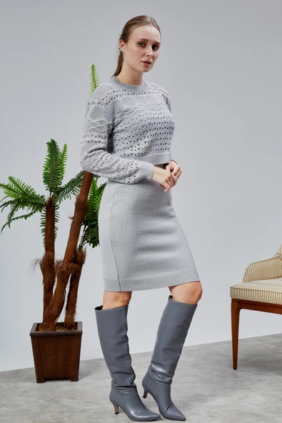 Kadın Triko Takım Delikli Kazak ve Askılı Elbise Standart Beden Gri - 2