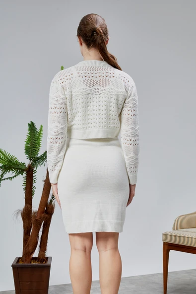 Kadın Triko Takım Delikli Kazak ve Askılı Elbise Standart Beden Ekru - 5