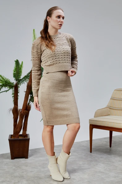 Kadın Triko Takım Delikli Kazak ve Askılı Elbise Standart Beden Vizon