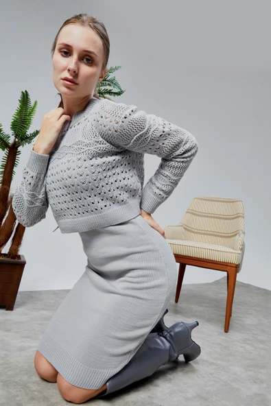 Kadın Triko Takım Delikli Kazak ve Askılı Elbise Standart Beden Gri - 10