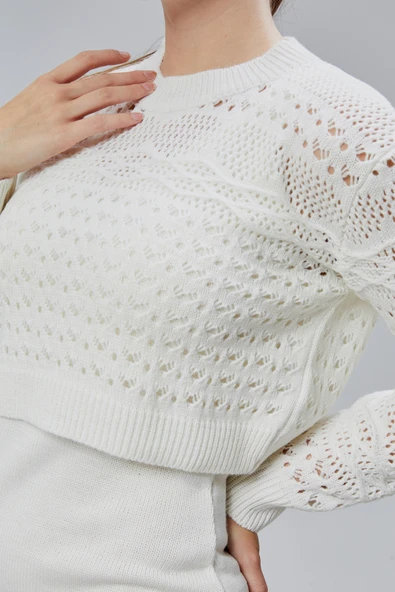 Kadın Triko Takım Delikli Kazak ve Askılı Elbise Standart Beden Ekru - 11