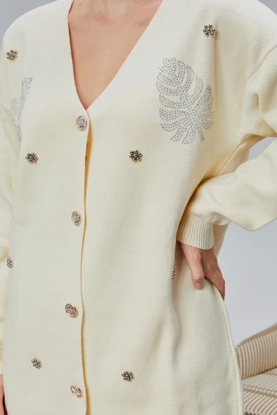 Kadın Triko Takım Taşlı Standart Beden Ekru - Resim 4