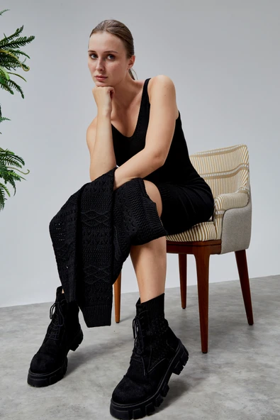 Kadın Triko Takım Delikli Kazak ve Askılı Elbise Standart Beden Siyah - 10