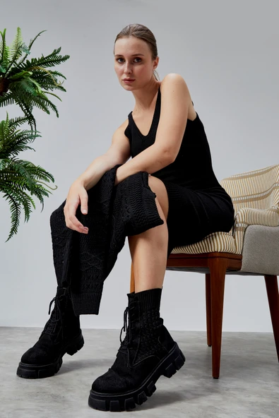 Kadın Triko Takım Delikli Kazak ve Askılı Elbise Standart Beden Siyah - 8