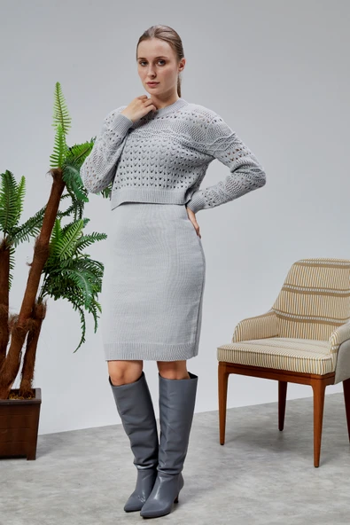 Kadın Triko Takım Delikli Kazak ve Askılı Elbise Standart Beden Gri