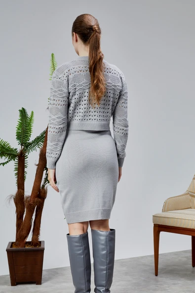 Kadın Triko Takım Delikli Kazak ve Askılı Elbise Standart Beden Gri - 3