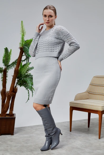 Kadın Triko Takım Delikli Kazak ve Askılı Elbise Standart Beden Gri - 6