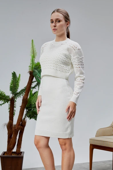 Kadın Triko Takım Delikli Kazak ve Askılı Elbise Standart Beden Ekru - 2
