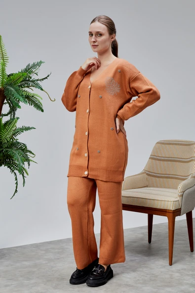 Kadın Triko Takım Taşlı Standart Beden Tarçın - 3