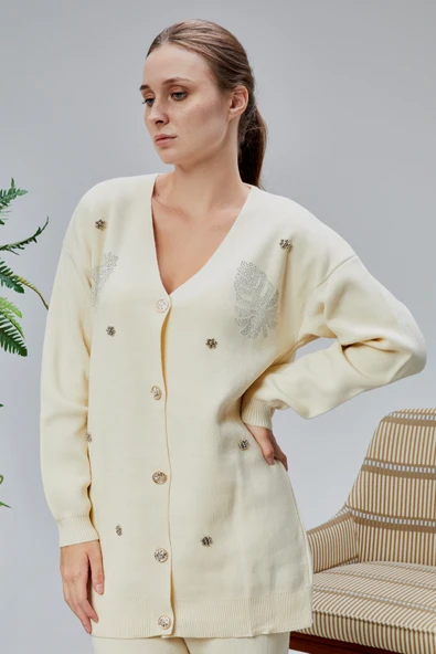 Kadın Triko Takım Taşlı Standart Beden Ekru - Resim 7