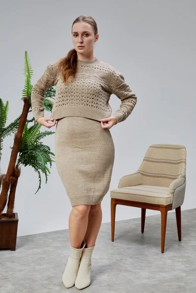 Kadın Triko Takım Delikli Kazak ve Askılı Elbise Standart Beden Vizon - 3