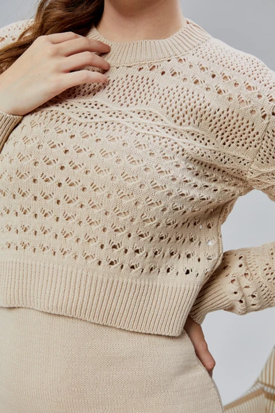 Kadın Triko Takım Delikli Kazak ve Askılı Elbise Standart Beden Ten Rengi - 10