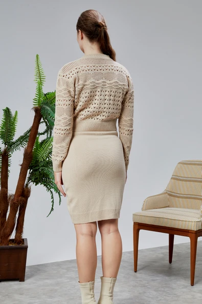 Kadın Triko Takım Delikli Kazak ve Askılı Elbise Standart Beden Ten Rengi - 9