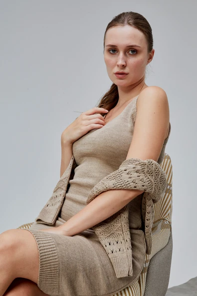 Kadın Triko Takım Delikli Kazak ve Askılı Elbise Standart Beden Vizon - 9