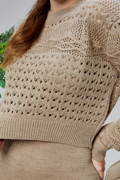 Kadın Triko Takım Delikli Kazak ve Askılı Elbise Standart Beden Vizon - 11